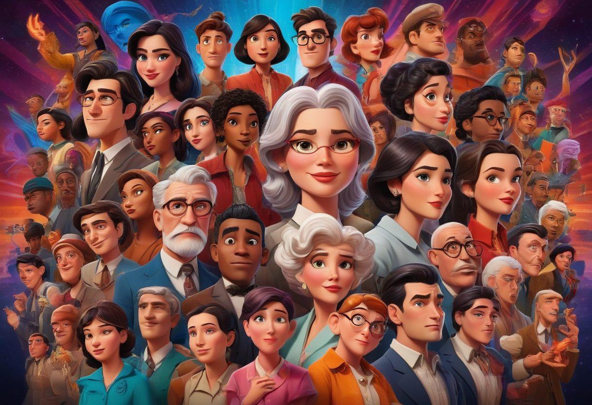 An artistic representation of various adult animated characters from different eras, blending classic animation styles like 2D hand-drawn with modern CGI elements. Include iconic scenes from influential series and films, surrounded by stylized cultural symbols that reflect societal impact. The background should feature a vibrant collage of colors, illustrating the contrast between classic and contemporary themes. Focus on expressive faces and dynamic poses to convey emotion. 3D effect. vibrant colors.
