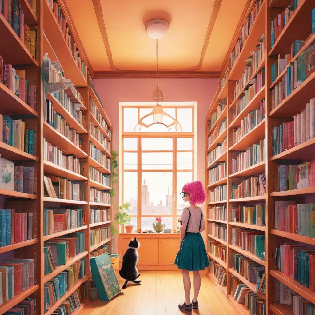 A whimsical and colorful illustration depicting a vast library filled with vibrant manga and anime-style books on erotic art. Include diverse characters from various anime genres leisurely exploring the shelves, surrounded by elements of adult animation like playful silhouettes and thought bubbles depicting flirtatious scenes. The atmosphere should be inviting, hinting at exploration and creativity while maintaining a respectful tone. colorful manga-inspired. playful and vibrant. whimsical style.