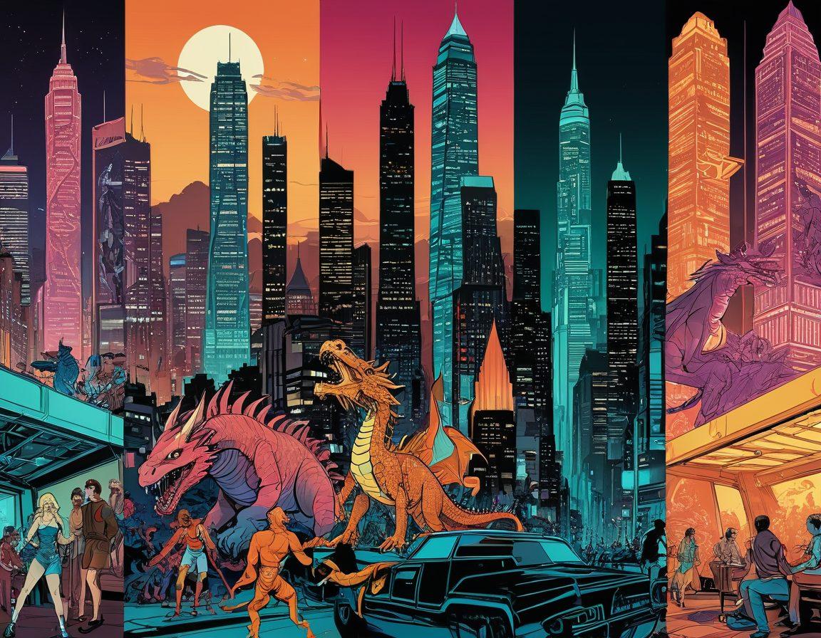 A captivating collage showing the evolution of adult comics, blending fantasy and reality. On one side, classic vintage comic styles featuring exaggerated characters and narratives, transitioning smoothly into modern digital art showcasing bold, vibrant colors. Include elements representing various genres, such as mythical creatures and futuristic cityscapes. The background should subtly convey a timeline effect. super-realistic. vibrant colors. 3D.